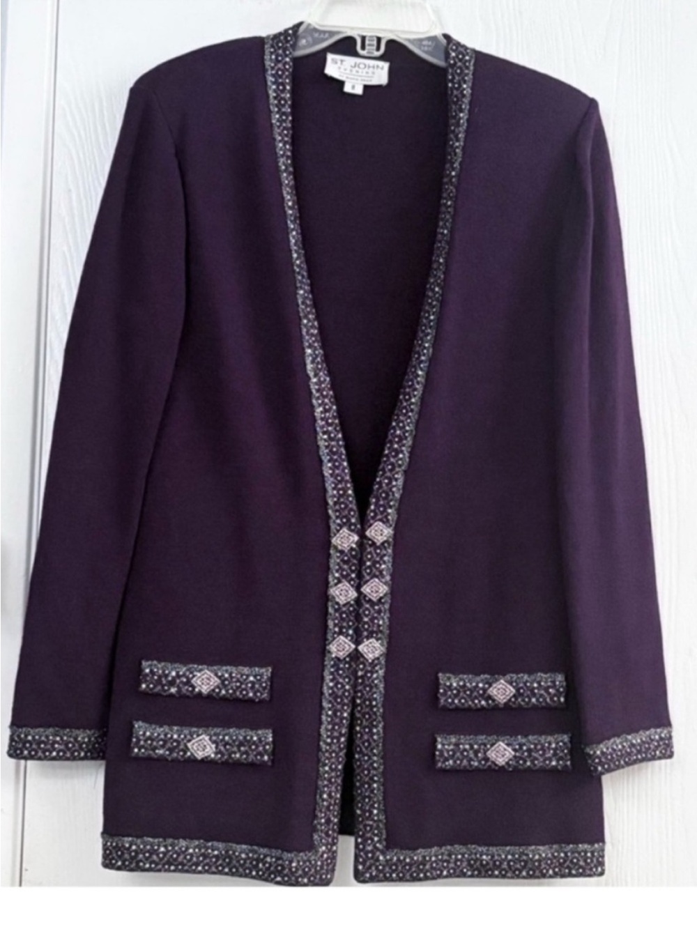 St. John Evening by Marie Gray Purple Embellished Open-Front Knit Jacket Sz 8